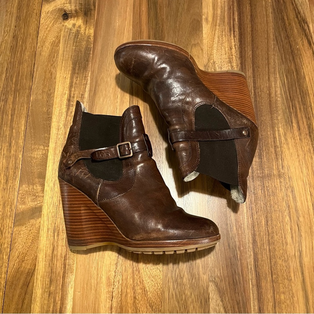 UGG Chocolate Brown Leather Heeled Wedges
